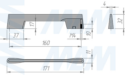 Размеры ручки-скобы с межцентровым расстоянием 160 мм (артикул WMN.001.160)
