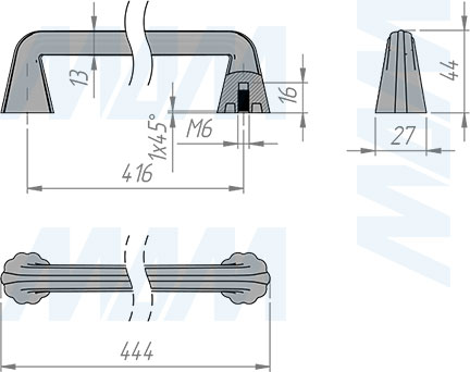 Размеры ручки-скобы с межцентровым расстоянием 416 мм (артикул WMN.846.416