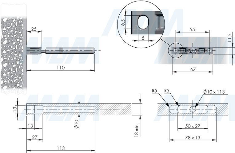 Размеры и установка скрытого менсолодержателя TRIADE SLIM для деревянных полок толщиной от 18 мм (артикул 1622501000)