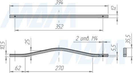 Размеры ручки-скобы APRO с межцентровым расстоянием 352 мм и длиной 394 мм (артикул C-5769-394/352 RU)