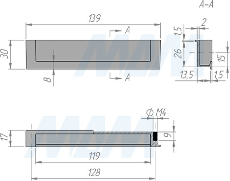 Размеры ручки-раковины с межцентровым расстоянием 128 мм (артикул SH.06.128)