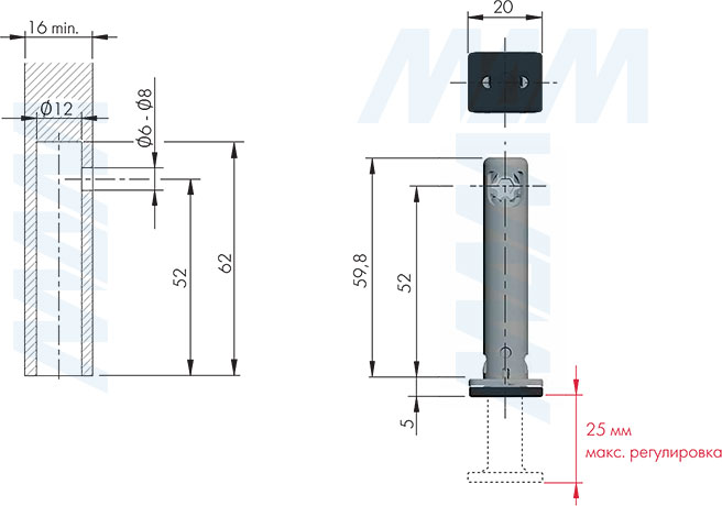 Размеры и установка регулируемой опоры REKORD TECH, D12 мм, высота отверстия 52 мм, с прямоугольной ножкой (артикул 3030304RT)