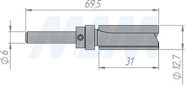 Размеры обгонной фрезы с верхним подшипником D=12,7 мм, L=69 мм, B=32 мм (артикул A160.128.R)