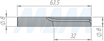 Размеры концевой пазовой фрезы D=8 мм, L=63 мм, B=32 мм, Z=2+1 (артикул C103.080.R)