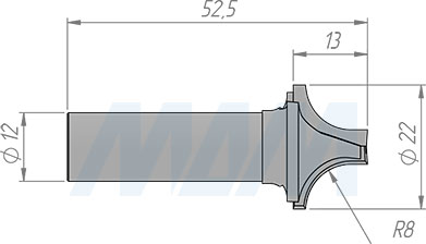 Размеры радиусной фрезы R=8 мм, D=22 мм, B=14 мм, L=52 мм (артикул E113.220.R)