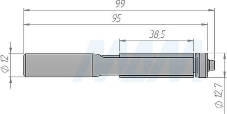 Размеры концевой обгонной фрезы с нижним подшипником D=12,7 мм, L=98 мм, B=38 мм (артикул E146.128.R)