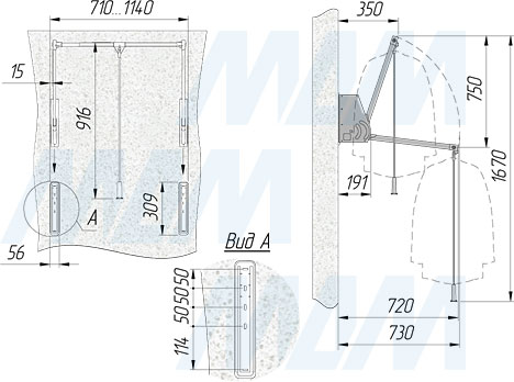 Размеры и установка пантографа 75-115 см с креплением к стене (артикул LIFT800)