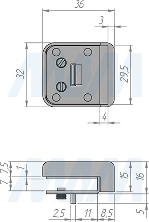 Размеры выдвижного замка-ручки для 1-ой стеклянной двери и для стеклянной боковины, без сверления (артикул 407-3/5), чертеж 2