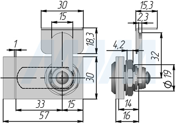 Размеры поворотного замка со сверлением для 2-х стеклянных дверей (артикул 410-3)