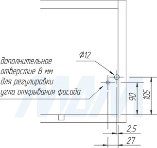 Присадочные размеры для задней панели механизма KIARO для открывания фасада вниз (артикул 46006000)