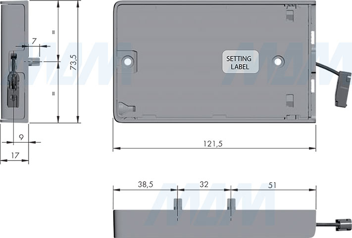 Размеры регулируемого механизма KIARO EASY с тросиком для открывания фасада вниз (артикул C0100026)