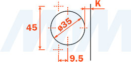 Размеры угловой петли SILENTIA+ с межосевой присадкой 45 мм, схема 2