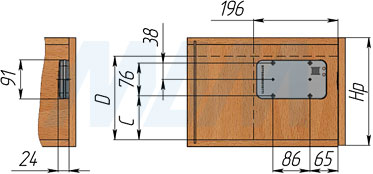 Горизонтальная установка механизма MINI WINCH для открывания фасада вниз (артикул MW XDIS), схема 1