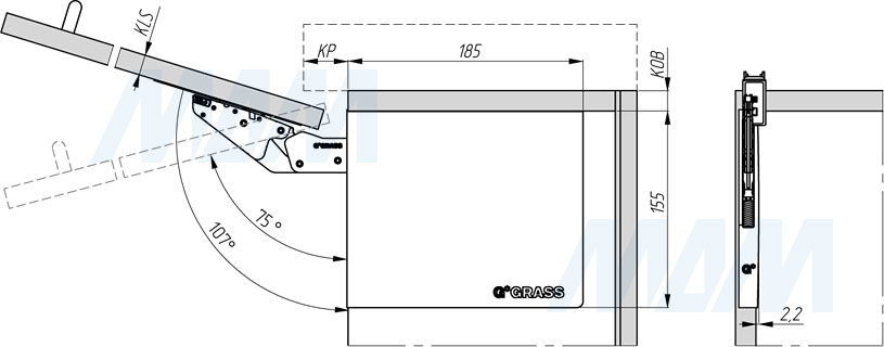 Врезной монтаж подъемного механизма KINVARO T-SLIM от GRASS для деревянных фасадов (артикул TS1511490), чертеж 1
