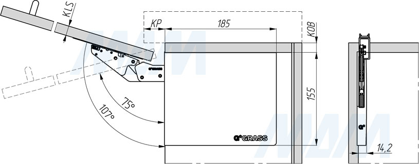 Накладной монтаж подъемного механизма KINVARO T-SLIM от GRASS для деревянных фасадов (артикул TS1511490), чертеж 1