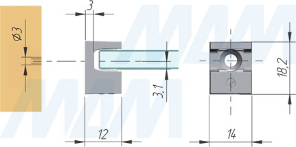 Размеры для установки полкодержателя KRISTAL под саморез для стеклянных полок толщиной 5-6 мм (артикул 1 61130 10)