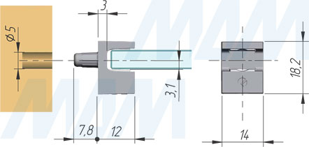 Размеры для установки полкодержателя KRISTAL со штоком для стеклянных полок толщиной 5-6 мм (артикул 1 61130 10)