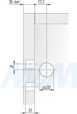 Присадочные размеры для скрытого мебельного навеса APC6 с креплением на штоки D=15 мм (артикул 6 52100) при использовании заглушки D=20 мм