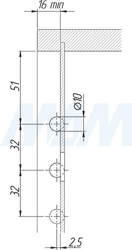 Присадочные размеры для скрытого мебельного навеса APC3 с креплением на штоки D=10 мм (артикул 65210050ZN и 65210040ZN), схема 1