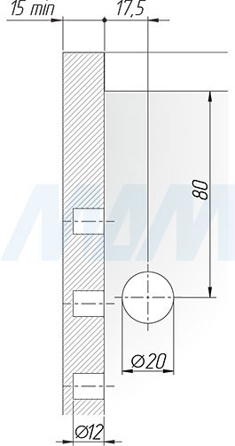Присадочные размеры для скрытого мебельного навеса APC3 с креплением на штоки D=10 мм (артикул 65210050ZN и 65210040ZN), схема 2