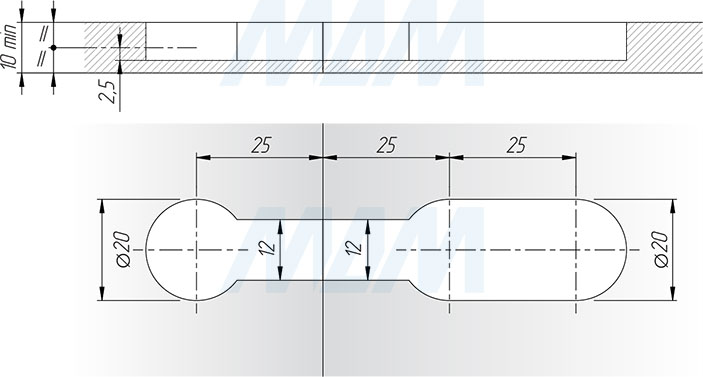 Присадочные размеры для стяжки K-TOP для тонких плит и столешниц толщиной от 10 мм (артикул C 01000 25 22), схема 1
