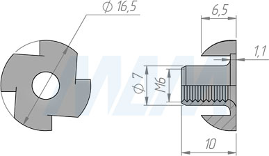 Размеры усовой гайки М6 (артикул C019)
