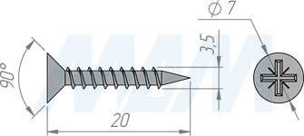 Размер самореза 3,5x20 мм с потайной головкой под крест (артикул CHS 3,5 X 20