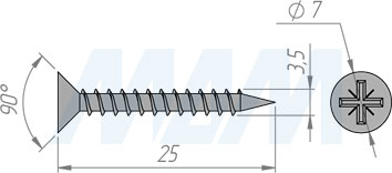 Размер самореза 3,5x25 мм с потайной головкой под крест (артикул CHS 3,5 X 25)