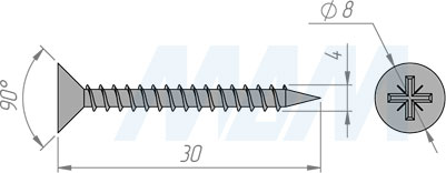 Размер самореза 4x30 мм с потайной головкой под крест (артикул CHS 4,0 X 30)