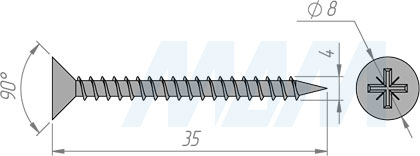 Размер самореза 4x35 мм с потайной головкой под крест (артикул CHS 4,0 X 35)