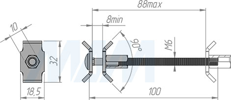 Размеры стяжки для столешницы М6x100 мм (артикул D35X100 CN MP)