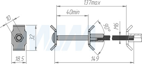 Размеры стяжки для столешницы М6x150 мм (артикул D35X150 CN MP)