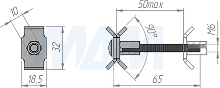 Размеры стяжки для столешницы М6x65 мм (артикул D35X65 CN MP)