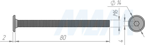 Размеры винта M6x80 мм с плоской головкой под шестигранник (артикул HXS M6 X80 FL)