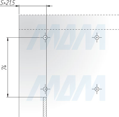 Присадочные размеры для боковины мебельного навеса LIBRA H11 для корпусов нижнего яруса с креплением на винты с использованием заглушки (артикул P1905620ZN и P1905940ZN), схема 2