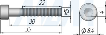 Размеры винта M5x30 мм с цилиндрической головкой с неполной резьбой (артикул SI M5 X 30 BN)