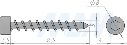 Размеры самореза 5x35 мм с цилиндрической головкой и внутренним шестигранником (артикул SW5,0 X 35 KB)