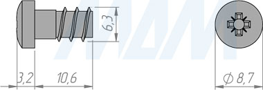 Размеры евровинта Slide-on 6.3х10.6  с полукруглой головкой для соосного крепления площадок петель (артикул V6310/F)