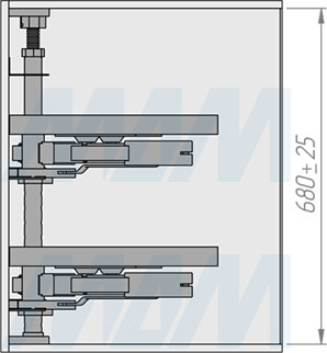 Размеры правого углового поворотного механизма FLY MOON 3.0 LAMINA с доводчиком, 2 полки со сплошными бортиками (артикул FLY3STM2DXVGFSE1), чертеж 2
