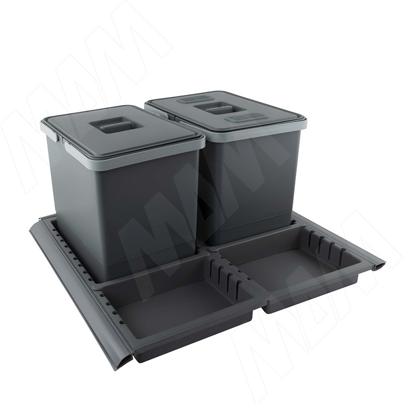 METROPOLIS Система для сбора, сортировки и утилизации мусора для мебельного ящика шириной 600мм с 2 емкостями: 15л+15л, с крышками, цвет серый базальт фото товара 1 - PTC28060503FC97