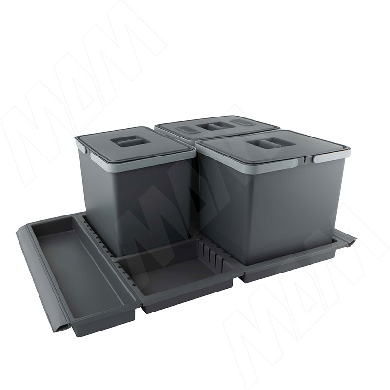 METROPOLIS Система для сбора, сортировки и утилизации мусора для мебельного ящика шириной 800мм с 3 емкостями: 15л+15л+15л, с крышками, цвет серый баз фото товара 1 - PTC28080507FC97
