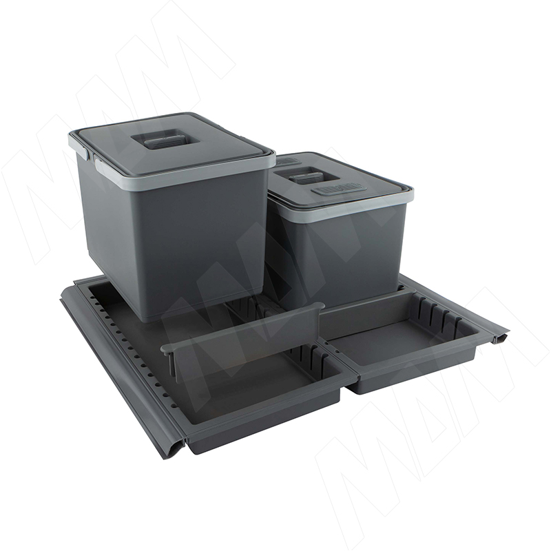 METROPOLIS Система для сбора, сортировки и утилизации мусора для мебельного ящика шириной 600мм с 2 емкостями: 12л+12л, с крышками, цвет серый базальт фото товара 3 - PTC22060501FC97