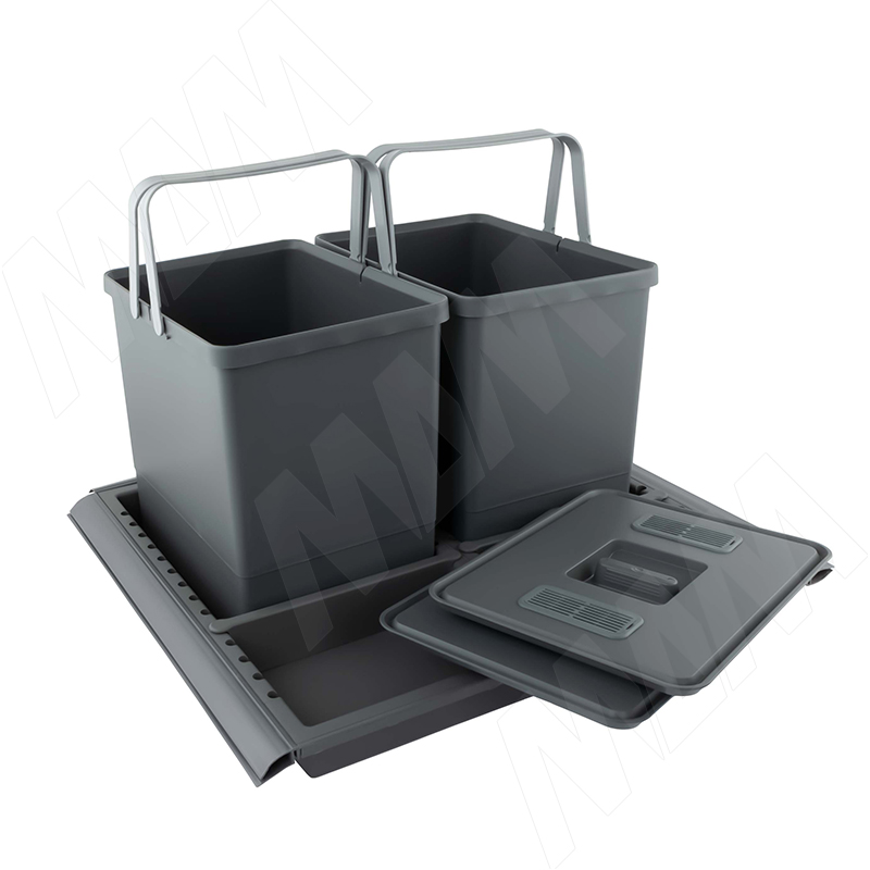 METROPOLIS Система для сбора, сортировки и утилизации мусора для мебельного ящика шириной 600мм с 2 емкостями: 15л+15л, с крышками, цвет серый базальт фото товара 2 - PTC28060503FC97