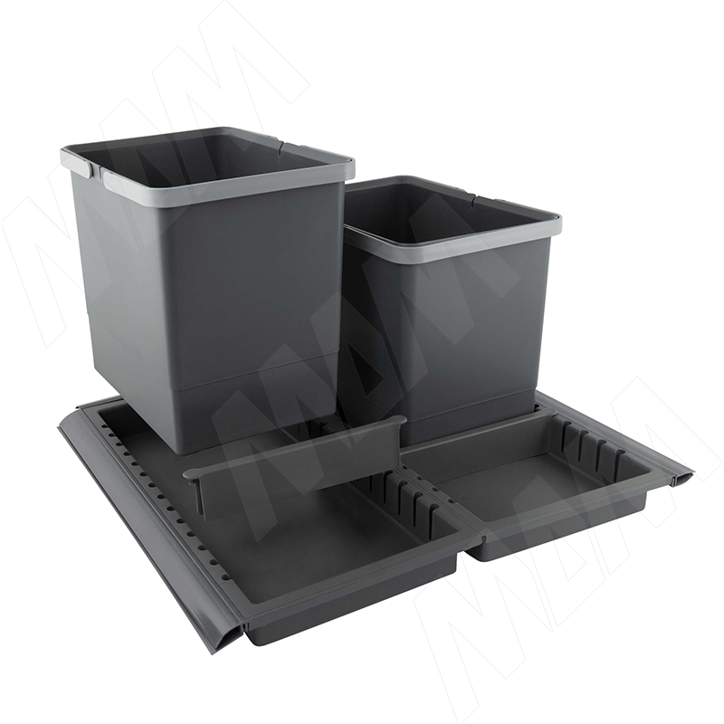 METROPOLIS Система для сбора, сортировки и утилизации мусора для мебельного ящика шириной 600мм с 2 емкостями: 15л+15л, с крышками, цвет серый базальт фото товара 3 - PTC28060503FC97