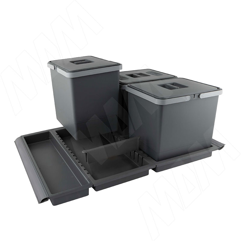METROPOLIS Система для сбора, сортировки и утилизации мусора для мебельного ящика шириной 800мм с 3 емкостями: 15л+15л+15л, с крышками, цвет серый баз фото товара 3 - PTC28080507FC97