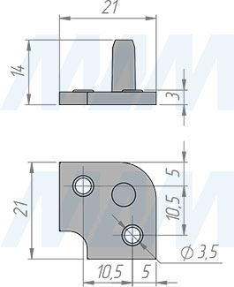 Размеры основы внутреннего угла квадратного алюминиевого плинтуса (артикул 09.577)