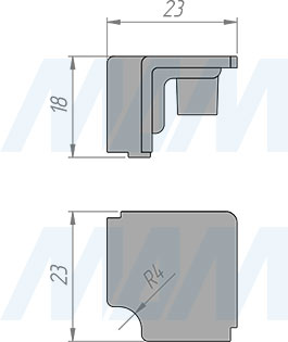 Размеры крышки внутреннего угла квадратного алюминиевого плинтуса (артикул 09.577)