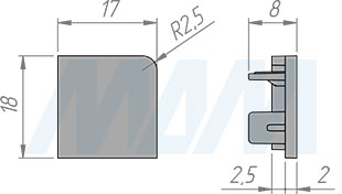 Размеры левой заглушки внутреннего угла квадратного алюминиевого плинтуса (артикул 09.577)
