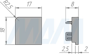 Размеры правой заглушки внутреннего угла квадратного алюминиевого плинтуса (артикул 09.577)