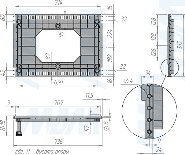 Размеры вентиляционной базы под холодильник для ширины фасада 750 мм и толщины корпуса 18 мм (артикул 31.A21E.C103)